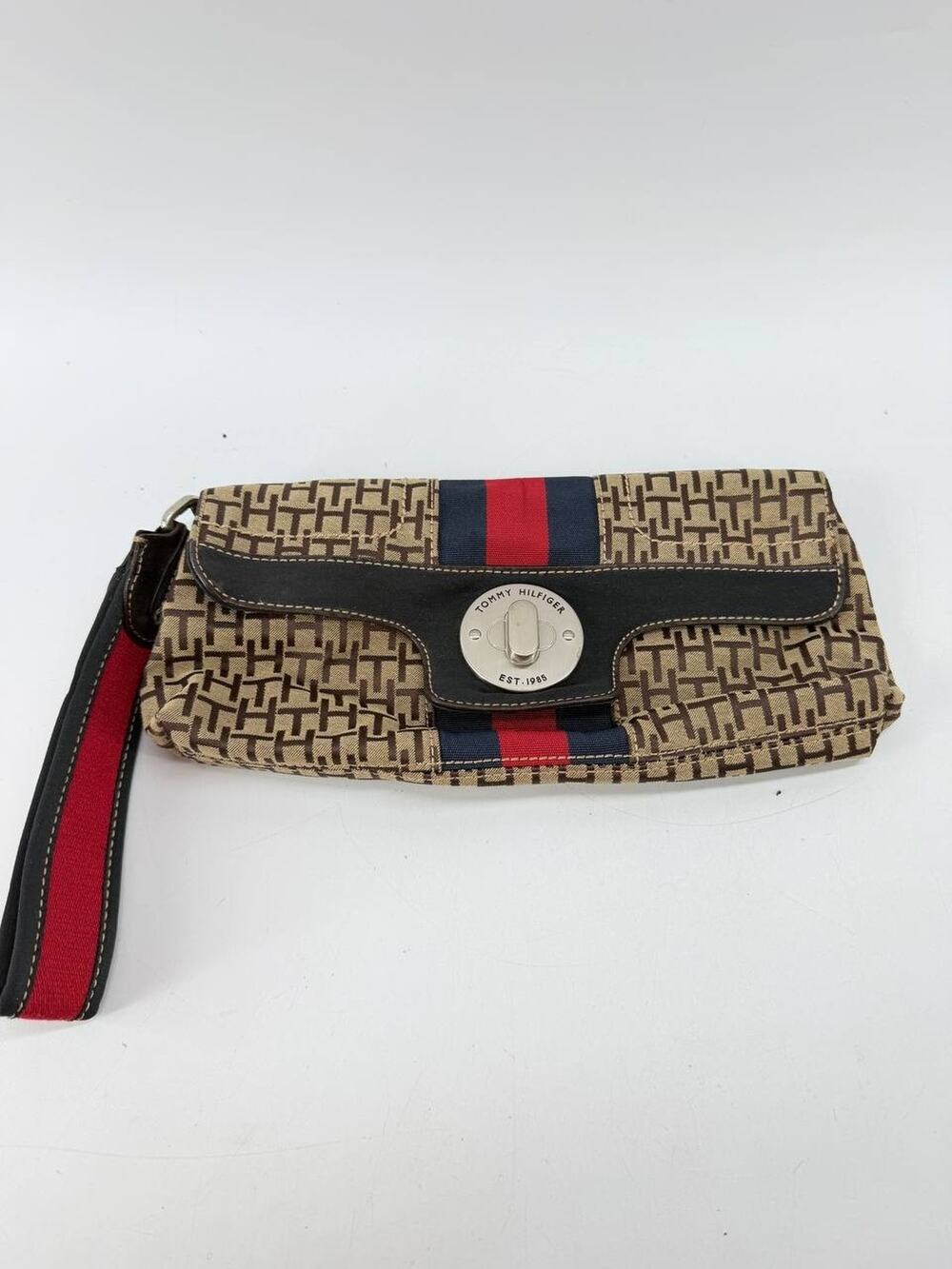 Tommy Hilfiger Monogram Wristlet Clutch Wallet Brown Canvas Red Blue Stripe